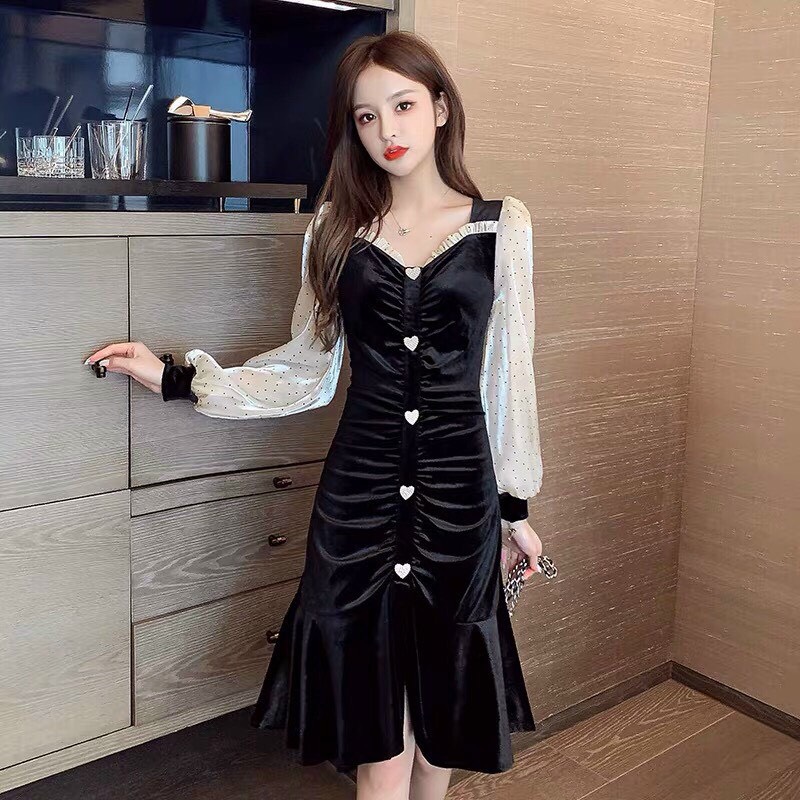 Đầm Nhung Tay Bi Phồng - HN943